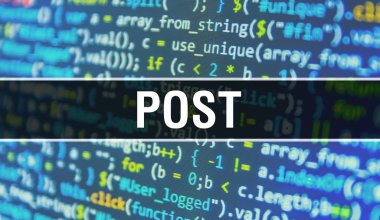 Programlama kodu soyut teknoloji backgr üzerine yazılmış post metin