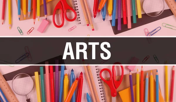 Arts with School supplies on blackboard Background. Arts text on