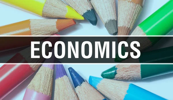 Economics concept banner with texture from colorful items of edu — Stock Photo, Image