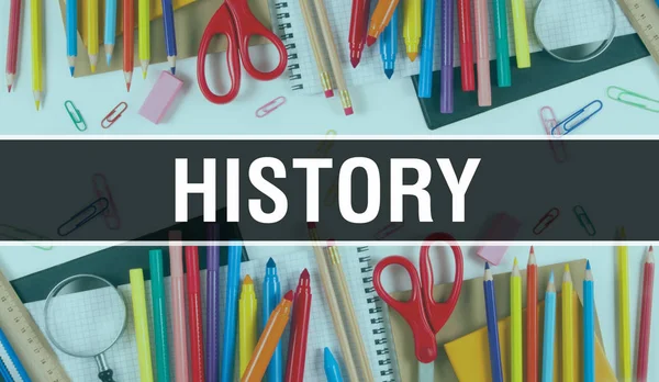 History with School supplies on blackboard Background. History t