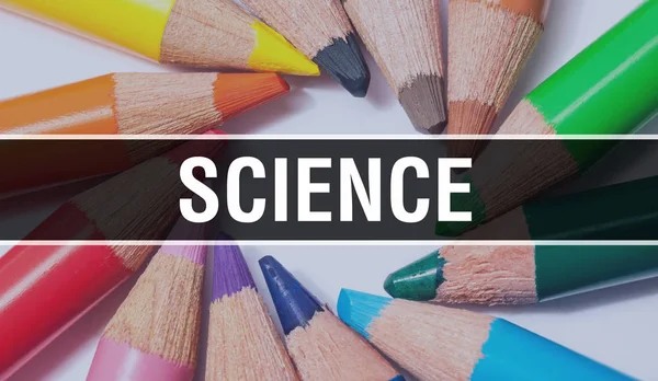 Banner επιστήμη έννοια με υφή από πολύχρωμα στοιχεία της εκπαίδευσης — Φωτογραφία Αρχείου