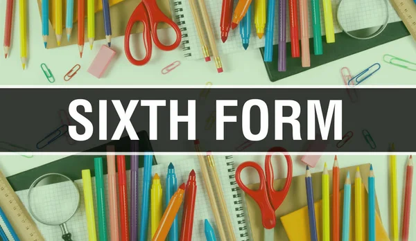 Sixth form with School supplies on blackboard Background. Sixth — Stock Photo, Image