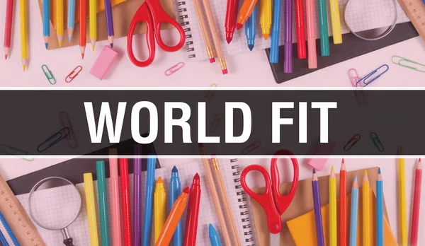 World Fit with School supplies on blackboard Ιστορικό. Κόσμος ΣΤ — Φωτογραφία Αρχείου