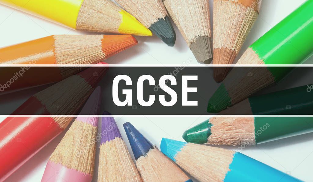 GCSE concept banner with texture from colorful items of educatio