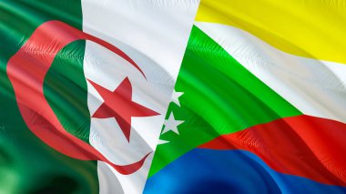Cezayir ve Komoros bayrakları. 3 boyutlu dalgalanan bayrak tasarımı. Cezayir Comoros bayrağı, resim, duvar kağıdı. Cezayir, Comoros 'a karşı, görüntü 3 boyutlu. Cezayir Comoros ilişkileri savaş ittifakı kavramı. Savaş kavramı çatışması.