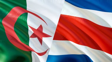 Cezayir ve Kosta Rika bayrakları. 3 boyutlu dalgalanan bayrak tasarımı. Cezayir Kosta Rika bayrağı, resim, duvar kağıdı. Cezayir, Kosta Rika 'ya karşı, görüntü 3 boyutlu. Cezayir Kosta Rika ilişkileri savaş ittifakı kavramı.