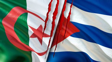 Yara izi olan Cezayir ve Küba bayrakları. 3D bayrak sallama. Cezayir ve Küba çatışma konsepti. Cezayir Küba ilişkileri kavramı. Cezayir ve Küba bayrağı. Çatışma, savaş, saldırı konsepti