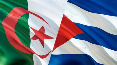 Cezayir ve Küba bayrakları. 3 boyutlu dalgalanan bayrak tasarımı. Cezayir Küba bayrağı, resim, duvar kağıdı. Cezayir, Küba imajına karşı, 3D görüntüleme. Cezayir Küba ilişkileri savaş ittifakı kavramı. Savaş kavramı çatışması.