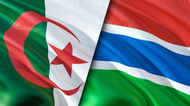Cezayir ve Gambiya bayrakları. 3 boyutlu dalgalanan bayrak tasarımı. Cezayir Gambiya bayrağı, resim, duvar kağıdı. Cezayir Gambiya 'ya karşı, görüntü 3 boyutlu. Cezayir Gambiya ilişkileri savaş ittifakı kavramı. Ticaret, turizm konsepti.