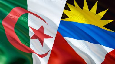Cezayir, Antigua ve Barbuda bayrakları. 3 boyutlu dalgalanan bayrak tasarımı. Cezayir Antigua ve Barbuda bayrağı, resim, duvar kağıdı. Cezayir, Antigua 'ya karşı ve Barbuda imajı, 3D görüntüleme. Cezayir Antigua ve Barbud