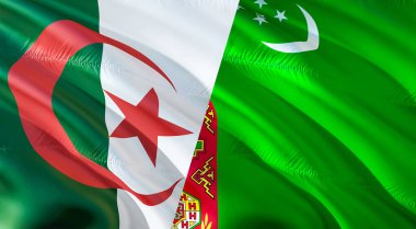 Cezayir ve Türkmenistan bayrakları. 3 boyutlu dalgalanan bayrak tasarımı. Cezayir Türkmenistan bayrağı, resim, duvar kağıdı. Cezayir, Türkmenistan 'a karşı, görüntü 3 boyutlu. Cezayir Türkmenistan ilişkileri savaş ittifakı