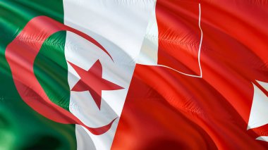 Cezayir, Wallis ve Futuna bayrakları. 3 boyutlu dalgalanan bayrak tasarımı. Cezayir Wallis ve Futuna bayrağı, resim, duvar kağıdı. Cezayir, Wallis ve Futuna 'ya karşı. Görüntü 3 boyutlu. Cezayir Wallis ve Futuna ilişkileri