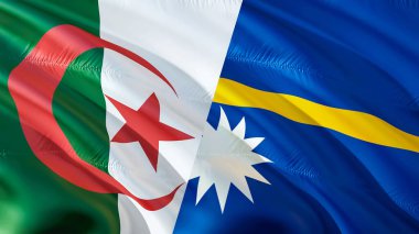 Cezayir ve Nauru bayrakları. 3 boyutlu dalgalanan bayrak tasarımı. Cezayir Nauru bayrağı, resim, duvar kağıdı. Cezayir, Nauru 'ya karşı, görüntü 3D. Cezayir Nauru ilişkileri savaş ittifakı kavramı. Savaş kavramı çatışması.