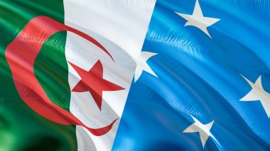 Cezayir ve Mikronezya bayrakları. 3 boyutlu dalgalanan bayrak tasarımı. Cezayir Mikronezya bayrağı, resim, duvar kağıdı. Cezayir, Mikronezya 'ya karşı, görüntü 3 boyutlu. Cezayir Mikronezyası savaş ittifakı kavramı.