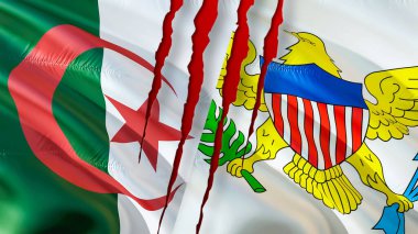 Cezayir, ABD Virgin Adaları 'na karşı yara izi konulu bayrak. Cezayir ve ABD Virgin Adaları. İki bayrak, üç boyutlu. Cezayir bayrağı ve ABD Virgin adaları bayrak ilişkileri, işbirliği stratejisi konsepti