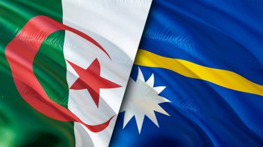Cezayir bayrağı Nauru bayrağına karşı. Karışık Cezayir ve Nauru bayrağı. Cezayir ile Nauru arasındaki kriz uluslararası toplantı veya müzakere kavramı. Çatışma, müzakere, kriz, savaş kavramı