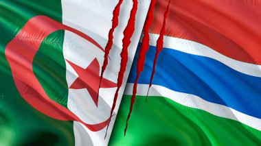 Cezayir ve Gambiya bayrakları yara izi konseptiyle. 3D bayrak sallama. Cezayir ve Gambiya çatışma konsepti. Cezayir Gambiya ilişkileri kavramı. Cezayir bayrağı ve Gambiya krizi, savaş, saldırı konsepti