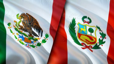 Meksika ve Peru bayrakları. 3 boyutlu dalgalanan bayrak tasarımı. Meksika Peru bayrağı, resim, duvar kağıdı. Meksika, Peru 'ya karşı, görüntü 3 boyutlu. Meksika Peru ilişkileri ittifak ve ticaret, seyahat, turizm konsepti