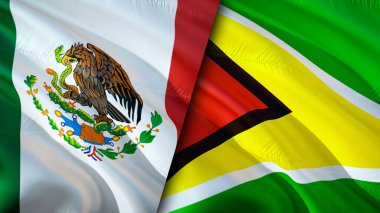 Meksika ve Guyana bayrakları. 3 boyutlu dalgalanan bayrak tasarımı. Meksika Guyana bayrağı, resim, duvar kağıdı. Meksika, Guyana 'ya karşı, görüntü 3 boyutlu. Meksika Guyana ilişkileri ittifak ve ticaret, seyahat, turizm konsepti