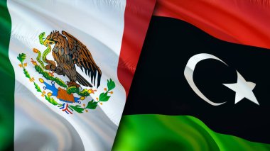 Meksika ve Libya bayrakları. 3 boyutlu dalgalanan bayrak tasarımı. Meksika Libya bayrağı, resim, duvar kağıdı. Meksika, Libya 'ya karşı, görüntü 3 boyutlu. Meksika Libya ilişkileri ittifak ve ticaret, seyahat, turizm konsepti