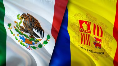 Meksika ve Andorra bayrakları. 3 boyutlu dalgalanan bayrak tasarımı. Meksika Andorra bayrağı, resim, duvar kağıdı. Meksika, Andorra 'ya karşı, görüntü 3 boyutlu. Meksika Andorra ilişkileri ittifak ve ticaret, seyahat, turizm konsepti