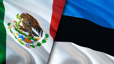 Meksika ve Estonya bayrakları. 3 boyutlu dalgalanan bayrak tasarımı. Meksika Estonya bayrağı, resim, duvar kağıdı. Meksika, Estonya 'ya karşı. Görüntü 3 boyutlu. Meksika Estonya ilişkileri ittifak ve ticaret, seyahat, turizm konsepti