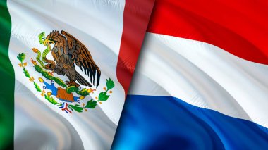 Meksika ve Hollanda bayrakları. 3 boyutlu dalgalanan bayrak tasarımı. Meksika Hollanda bayrağı, resim, duvar kağıdı. Meksika, Hollanda 'ya karşı. Görüntü 3 boyutlu. Meksika Hollanda ilişkileri ittifakı