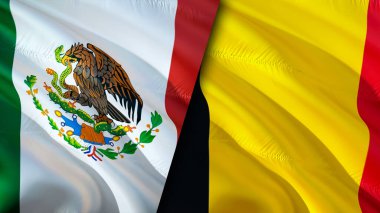 Meksika ve Belçika bayrakları. 3 boyutlu dalgalanan bayrak tasarımı. Meksika Belçika bayrağı, resim, duvar kağıdı. Meksika, Belçika 'ya karşı. Görüntü 3 boyutlu. Meksika Belçika ilişkileri ittifak ve ticaret, seyahat, turizm konsepti