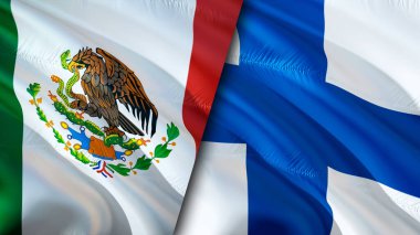 Meksika ve Finlandiya bayrakları. 3 boyutlu dalgalanan bayrak tasarımı. Meksika Finlandiya bayrağı, resim, duvar kağıdı. Meksika, Finlandiya 'ya karşı imaj, 3D görüntüleme. Meksika Finlandiya ilişkileri ittifak ve ticaret, seyahat ve turizm kavramları