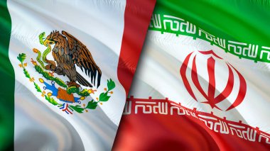 Meksika ve İran bayrakları. 3 boyutlu dalgalanan bayrak tasarımı. Meksika İran bayrağı, resim, duvar kağıdı. Meksika, İran 'a karşı, görüntü 3 boyutlu. Meksika İran ilişkileri ittifak ve ticaret, seyahat, turizm konsepti