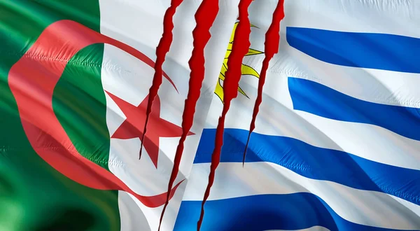 Cezayir, Uruguay bayrağına karşı yara izi konseptiyle. Cezayir ve Uruguay. İki bayrak, üç boyutlu. Cezayir bayrağı ve Uruguay bayrağı ilişkileri, işbirliği stratejisi kavramı. Yaptırım fikri savaş savaşı.
