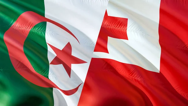 Algeria and Tonga flags. 3D Waving flag design. Algeria Tonga flag, picture, wallpaper. Algeria vs Tonga image,3D rendering. Algeria Tonga relations war alliance concept.Conflict war concep