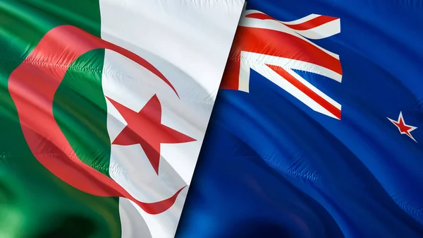 Algeria flag vs New Zealand flag background. Mixed Algeria and New Zealand flag. Crisis between Algeria and New Zealand international meeting or negotiations concept.Conflict, negotiation, crisis