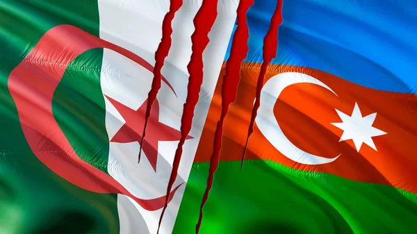 Algeria vs Azerbaijan flag with scar concept. Algeria and Azerbaijan Two flags, 3D rendering. Algeria flag and Azerbaijan flag relations, cooperation strategy concept. Idea of sanctions war combat