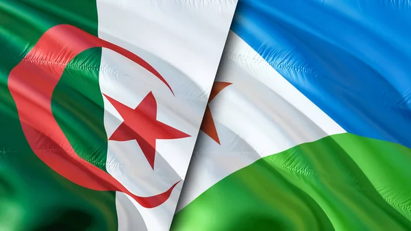 Algeria and Djibouti flags. 3D Waving flag design. Algeria Djibouti flag, picture, wallpaper. Algeria vs Djibouti image,3D rendering. Algeria Djibouti relations war alliance concept.Trade, touris