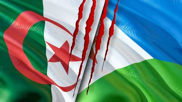Algeria and Djibouti flags with scar concept. Waving flag 3D rendering. Algeria and Djibouti conflict concept. Algeria Djibouti relations concept. flag of Algeria and Djibouti crisis,war, attac