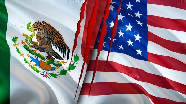 Mexiko Und Die Usa Flaggen Mit Narbenkonzept Fahnenschwenken Rendering Konflikt — Stockfoto