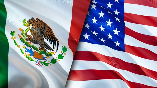 墨西哥和美国的国旗 3D波浪旗帜设计 墨西哥美国国旗 墨西哥对美国的图像 3D渲染 美墨关系联盟 — 图库照片