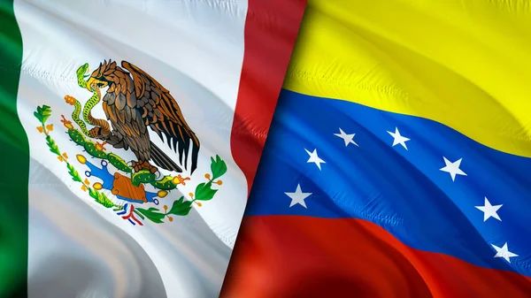 Mexico and Venezuela flags. 3D Waving flag design. Mexico Venezuela flag, picture, wallpaper. Mexico vs Venezuela image,3D rendering. Mexico Venezuela relations alliance and Trade,travel,touris