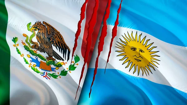 Mexico and Argentina flags with scar concept. Waving flag,3D rendering. Mexico and Argentina conflict concept. Mexico Argentina relations concept. flag of Mexico and Argentina crisis,war, attac