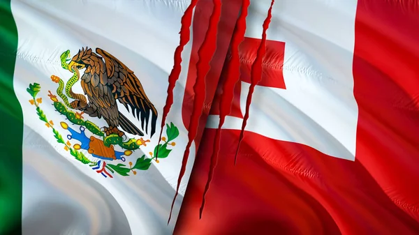 Mexico and Tonga flags with scar concept. Waving flag,3D rendering. Mexico and Tonga conflict concept. Mexico Tonga relations concept. flag of Mexico and Tonga crisis,war, attack concep