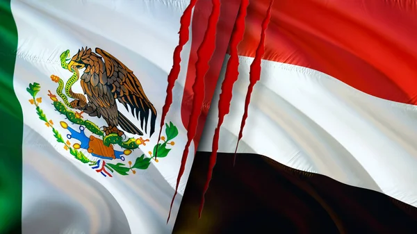 Banderas México Yemen Con Concepto Cicatriz Bandera Ondeante Representación Concepto —  Fotos de Stock