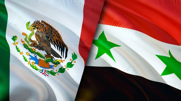 Mexico and Syria flags. 3D Waving flag design. Mexico Syria flag, picture, wallpaper. Mexico vs Syria image,3D rendering. Mexico Syria relations alliance and Trade,travel,tourism concep