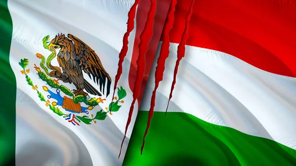 Mexico and Hungary flags with scar concept. Waving flag,3D rendering. Mexico and Hungary conflict concept. Mexico Hungary relations concept. flag of Mexico and Hungary crisis,war, attack concep