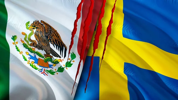 Mexico and Sweden flags with scar concept. Waving flag,3D rendering. Mexico and Sweden conflict concept. Mexico Sweden relations concept. flag of Mexico and Sweden crisis,war, attack concep