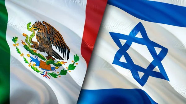 Mexico and Israel flags. 3D Waving flag design. Mexico Israel flag, picture, wallpaper. Mexico vs Israel image,3D rendering. Mexico Israel relations alliance and Trade,travel,tourism concep