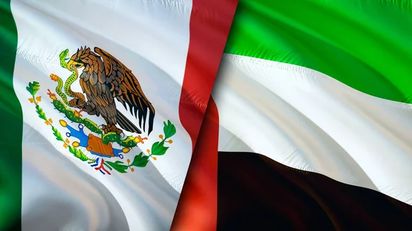 Mexico and United Arab Emirates flags. 3D Waving flag design. Mexico United Arab Emirates flag, picture, wallpaper. Mexico vs United Arab Emirates image,3D rendering. Mexico United Arab Emirate