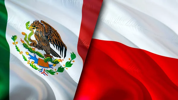 Mexico and Poland flags. 3D Waving flag design. Mexico Poland flag, picture, wallpaper. Mexico vs Poland image,3D rendering. Mexico Poland relations alliance and Trade,travel,tourism concep