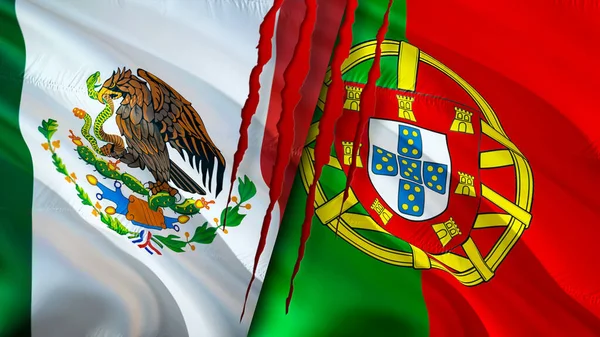 Mexico and Portugal flags with scar concept. Waving flag,3D rendering. Mexico and Portugal conflict concept. Mexico Portugal relations concept. flag of Mexico and Portugal crisis,war, attack concep