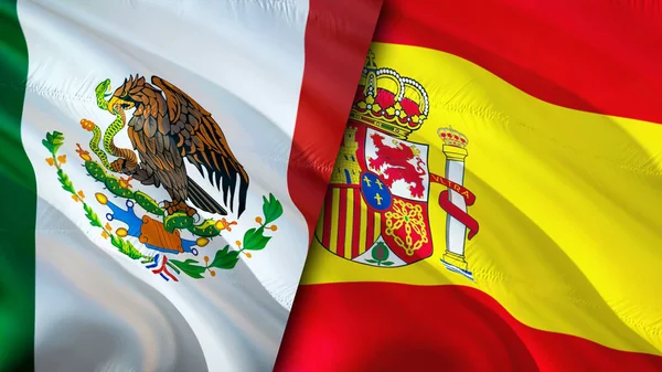 Mexico and Spain flags. 3D Waving flag design. Mexico Spain flag, picture, wallpaper. Mexico vs Spain image,3D rendering. Mexico Spain relations alliance and Trade,travel,tourism concep